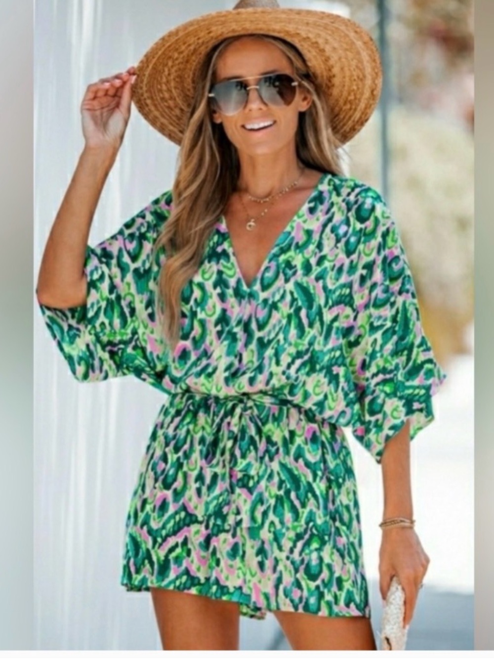 Cupshe Green Pink Cream Print Wrap Dress NWT